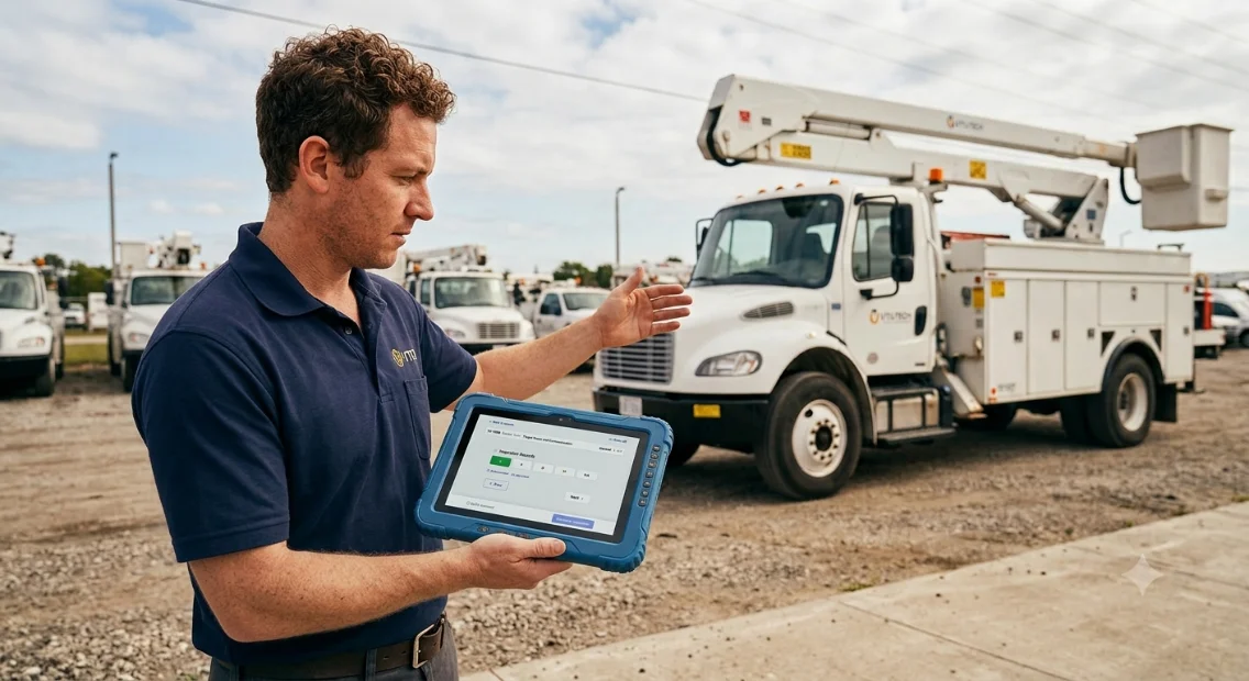 An inspector holding a tablet running Touchspect, in front of a bucket truck